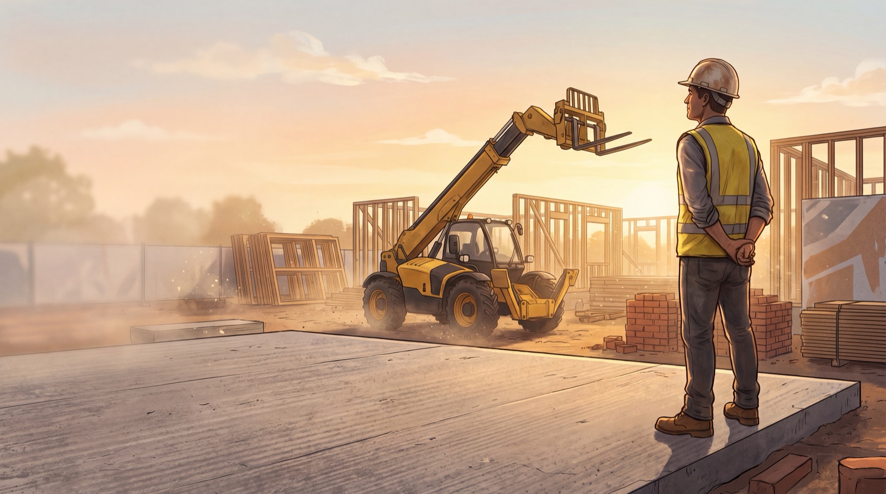 Illustration: A construction business owner wearing a hard hat and high visibility vest stands on a concrete slab of a new building. In the background, a yellow telehandler moves through a site filled with stacks of bricks and timber frames under a c