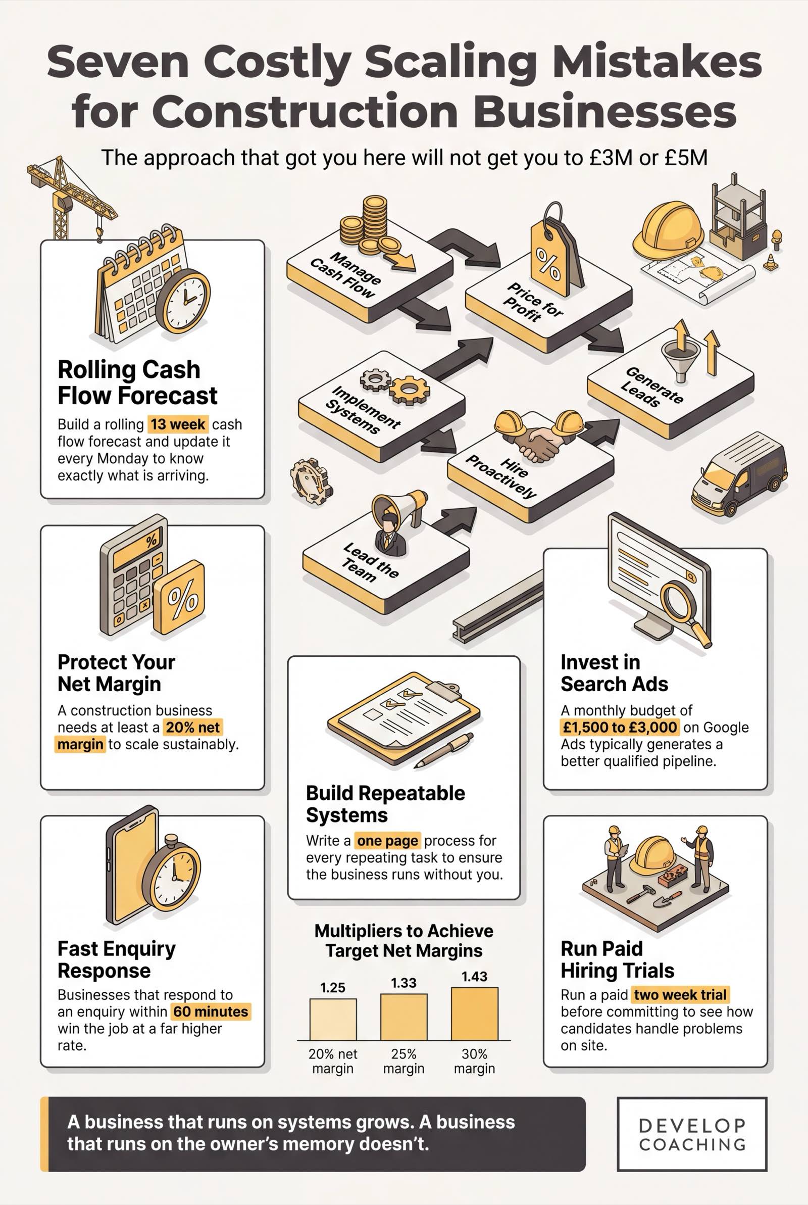 Infographic: Seven Costly Scaling Mistakes for Construction Businesses. The approach that got you here will not get you to £3M or £5M. 1. Rolling Cash Flow Forecast; 2. Protect Your Net Margin; 3. Invest in Search Ads; 4. Fast Enquiry Response; 5. Build Repeatable Systems; 6. Run Paid Hiring Trials