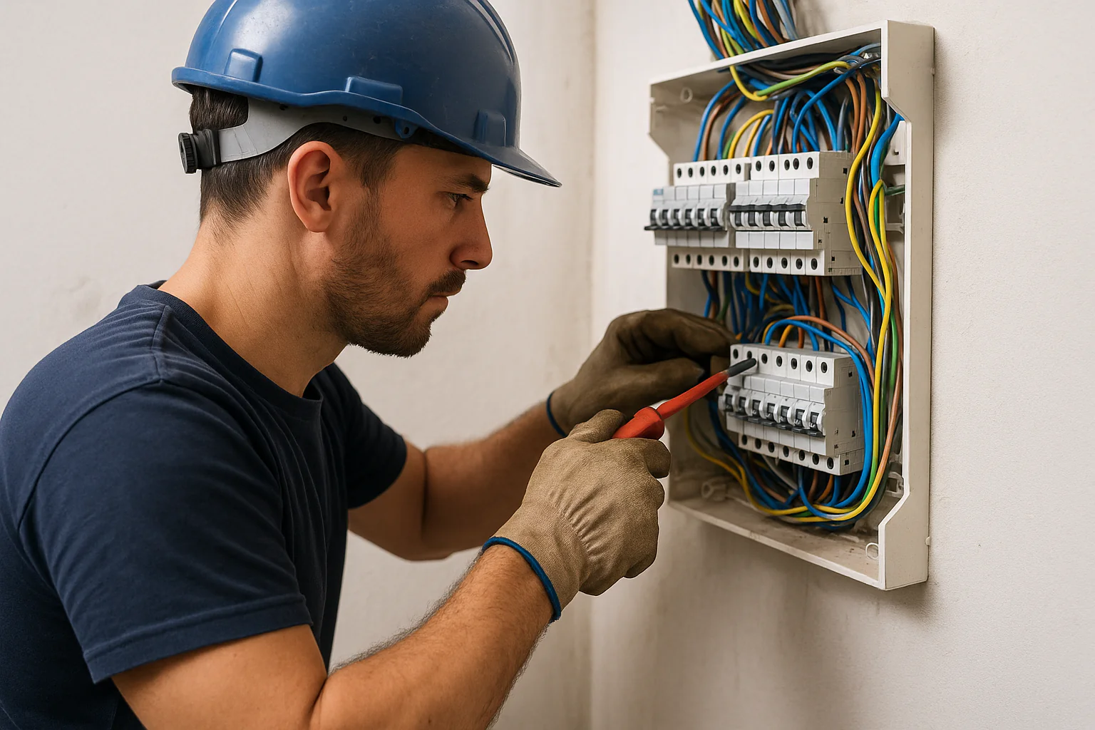 Electrician working on the wiring inside a consumer unit