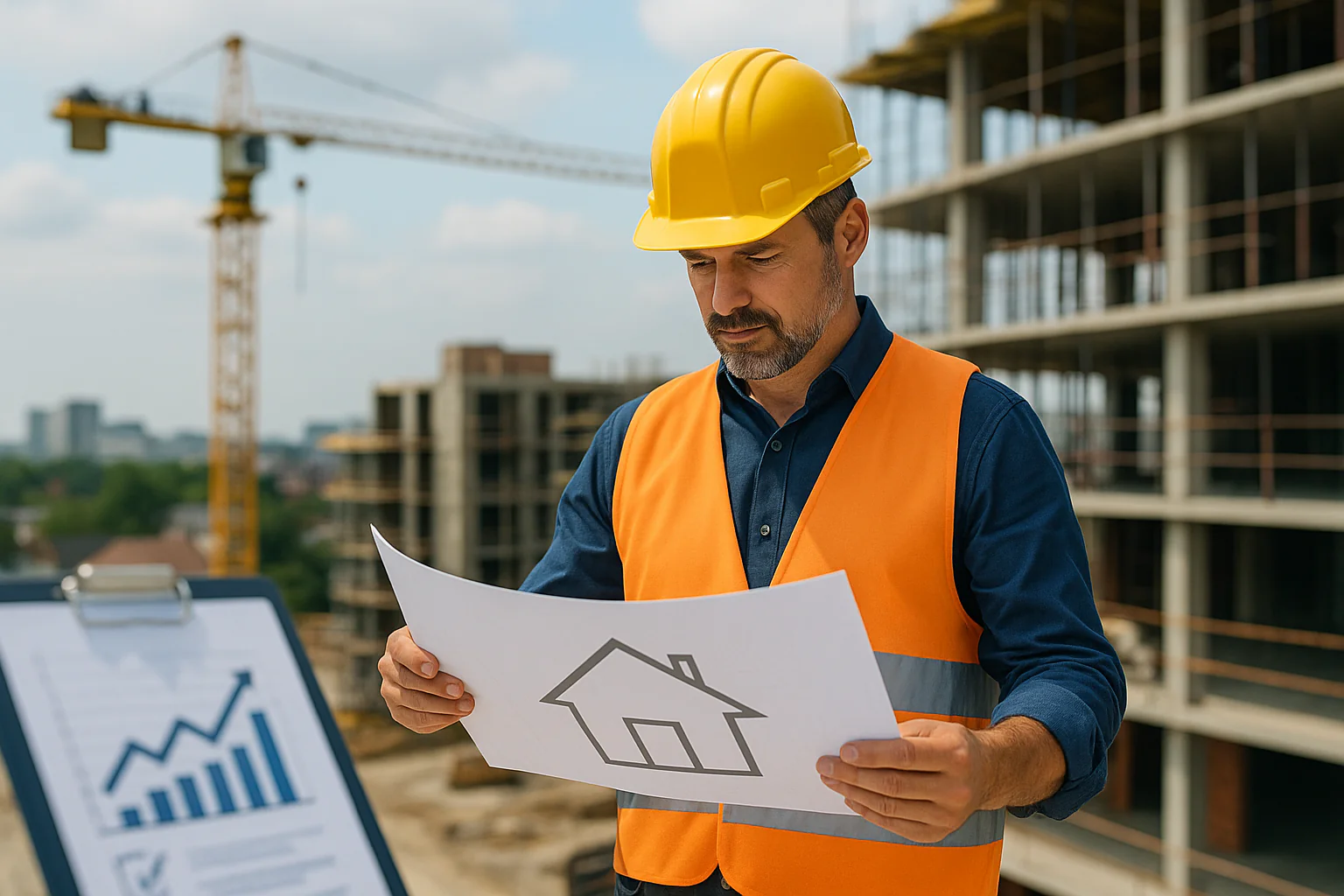 Construction manager reviewing plans on a building site