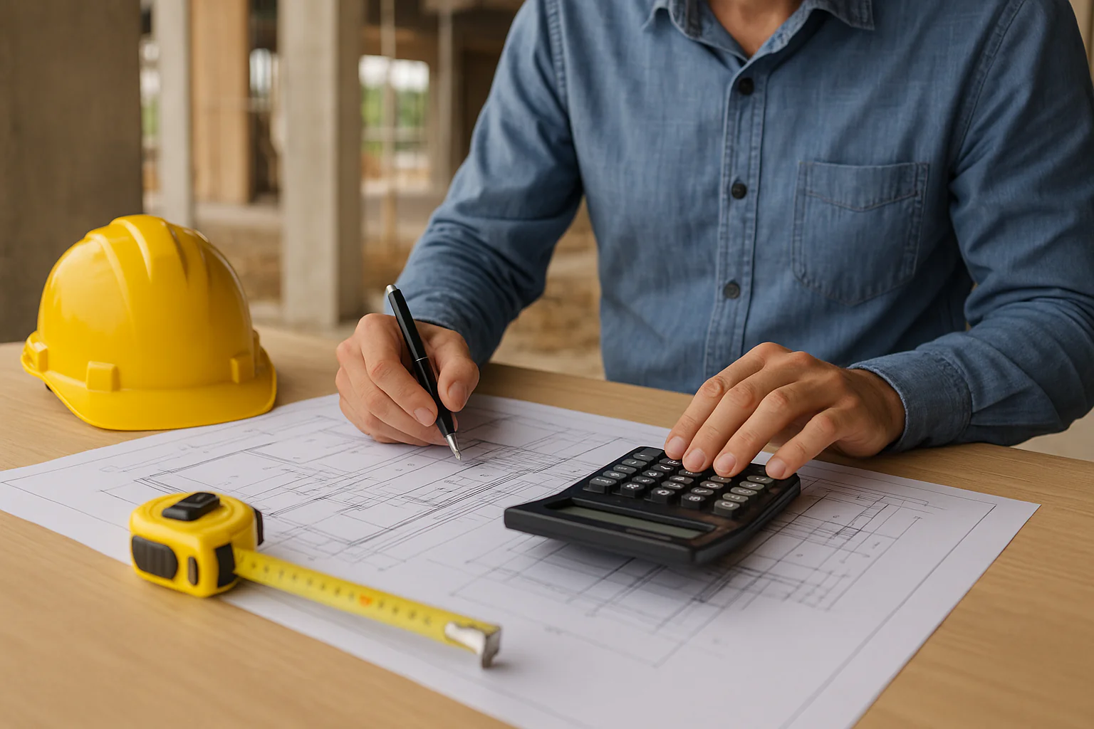 Builder calculating a job price from construction plans