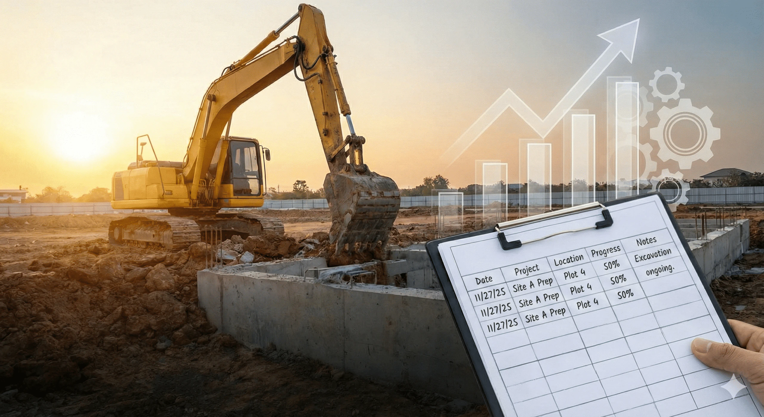 Excavator on a groundworks site with a project progress chart