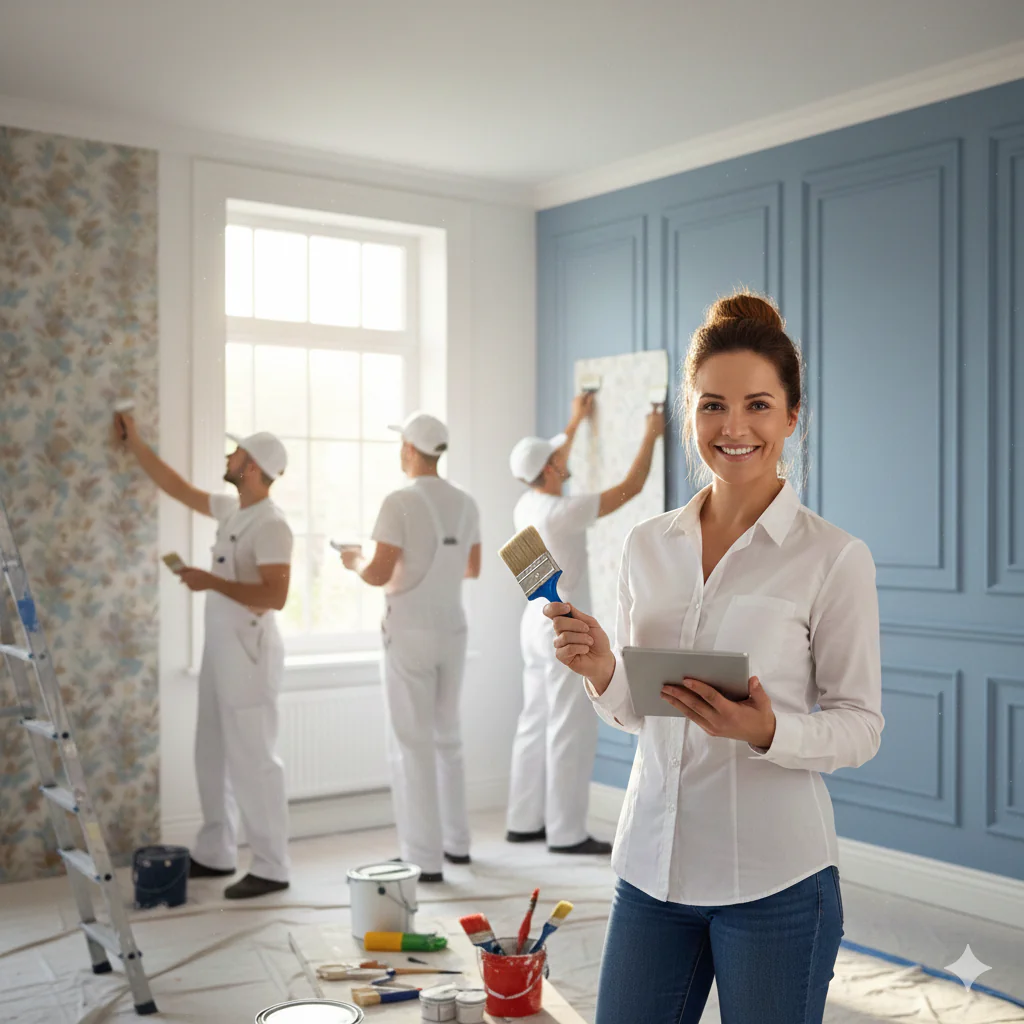 Painting and decorating team working in a residential room