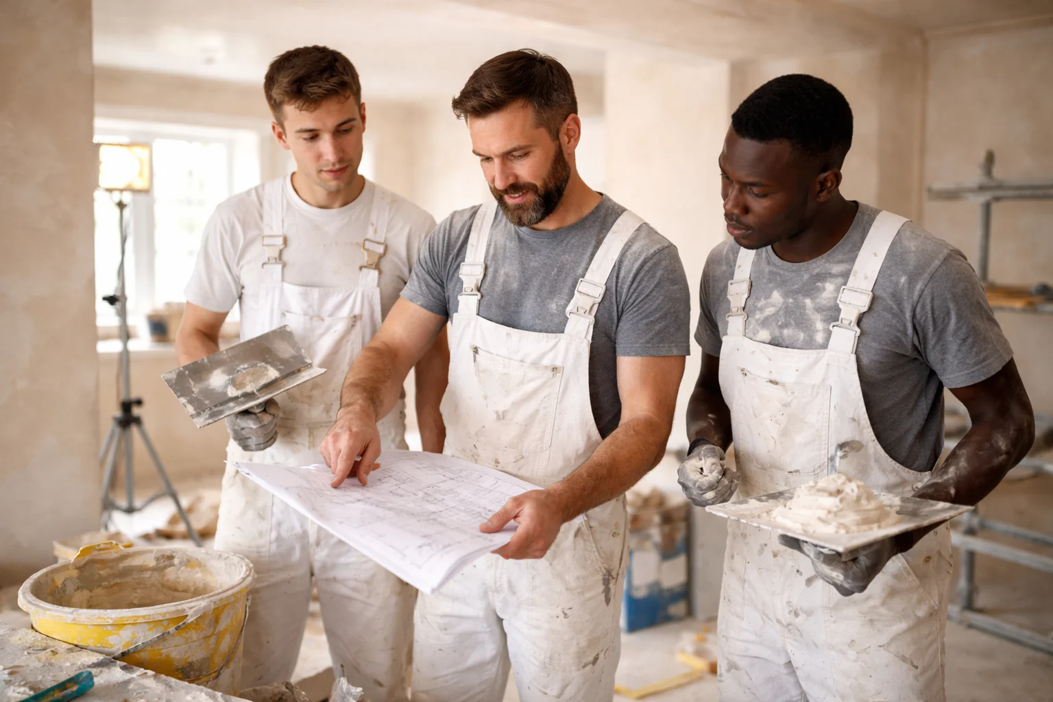 Three plasterers reviewing plans inside a property