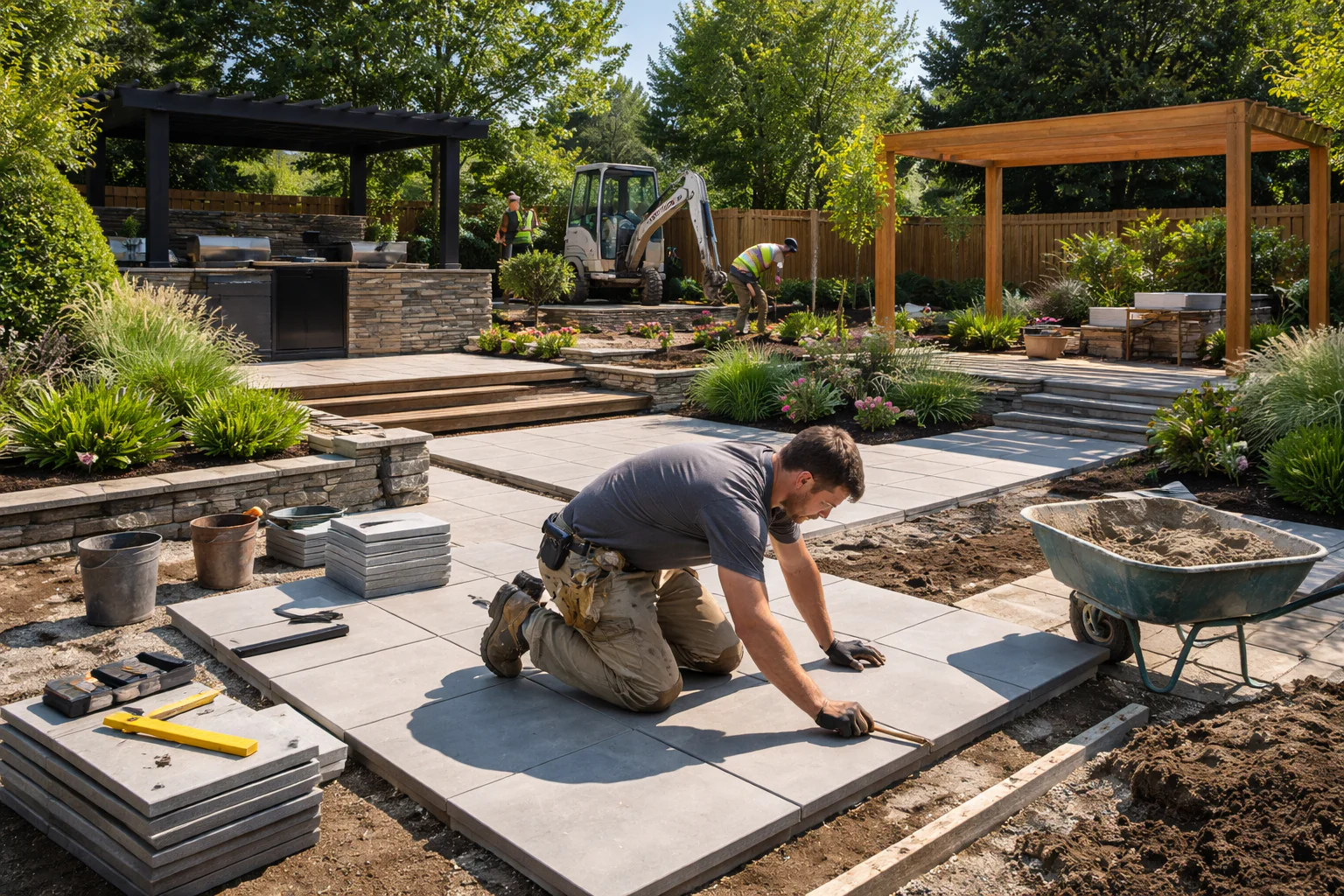 Landscapers laying paving in a garden with planting, stone walls and timber pergolas
