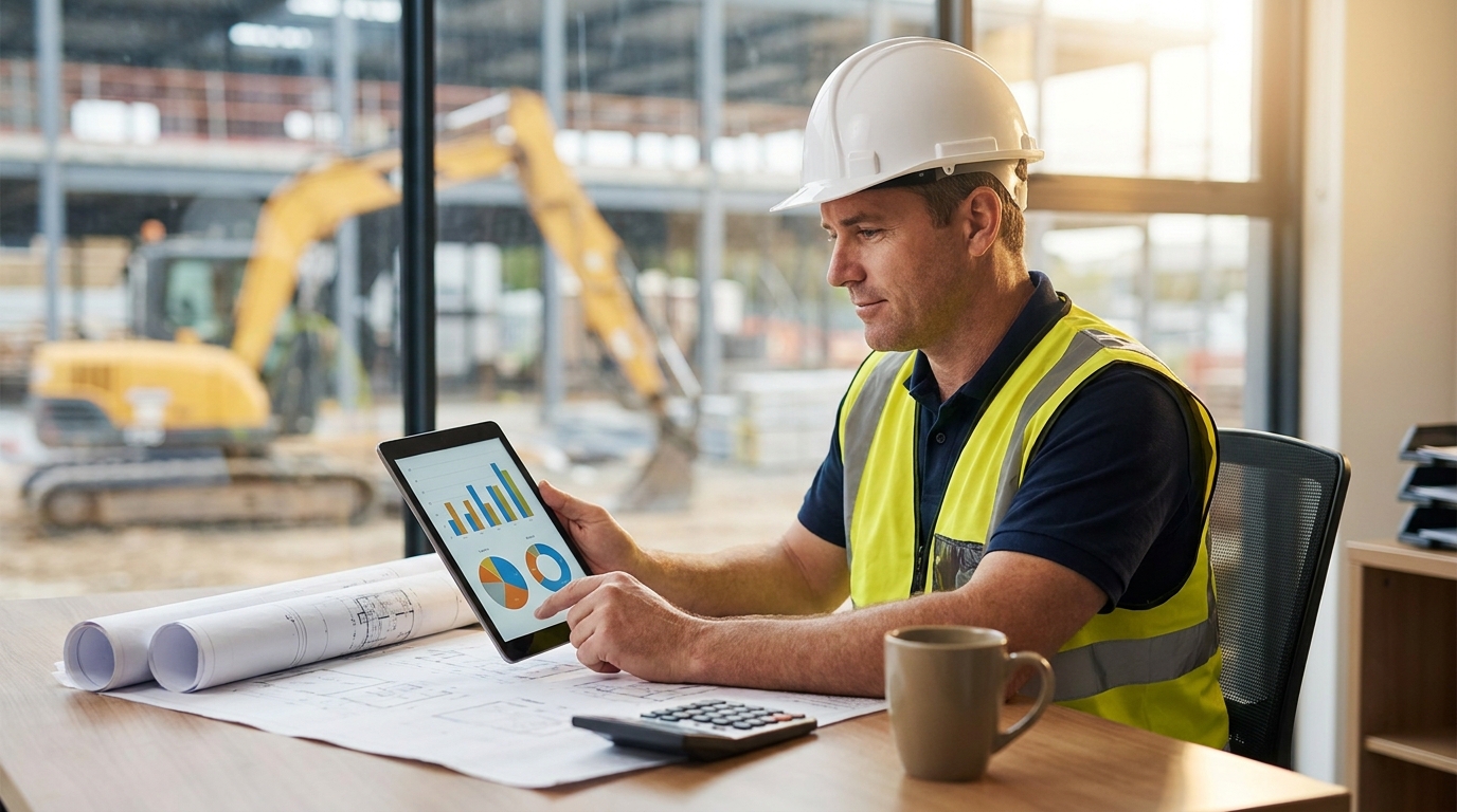 UK construction business owner reviewing construction cash flow management figures on a tablet on site